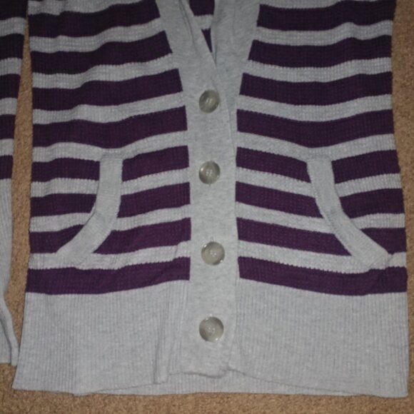 American Eagle: Purple & Grey Striped Waffle Knit Long Cardigan Sweater: Size L - Picture 3 of 9